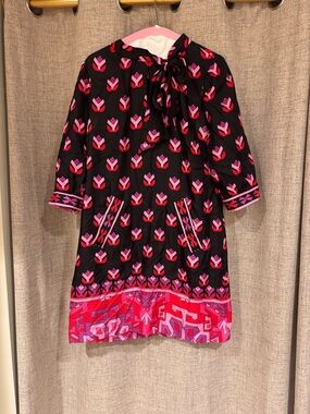 Black Dress with Pink Geometric Print and Bow Neck